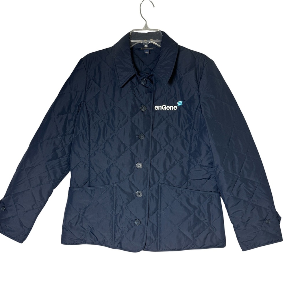 Brooks Brothers Large Navy Blue Quilted Jacket Womens enGene Logo Button Front
